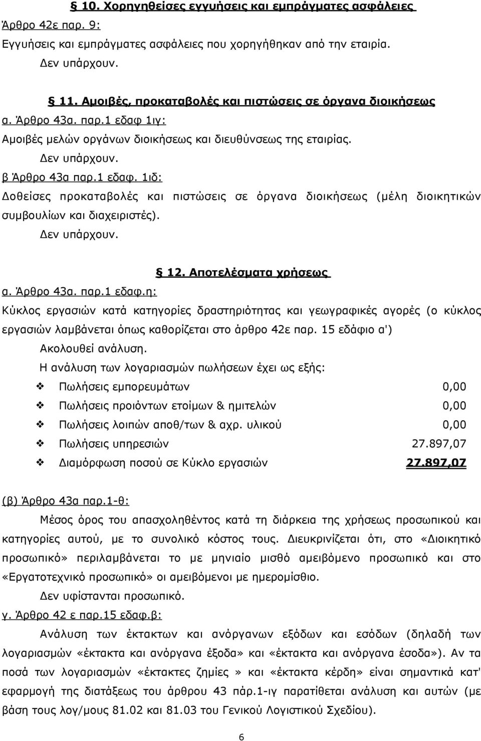 12. Αποτελέσµατα χρήσεως α. Άρθρο 43α. παρ.1 εδαφ.η: Κύκλος εργασιών κατά κατηγορίες δραστηριότητας και γεωγραφικές αγορές (ο κύκλος εργασιών λαµβάνεται όπως καθορίζεται στο άρθρο 42ε παρ.