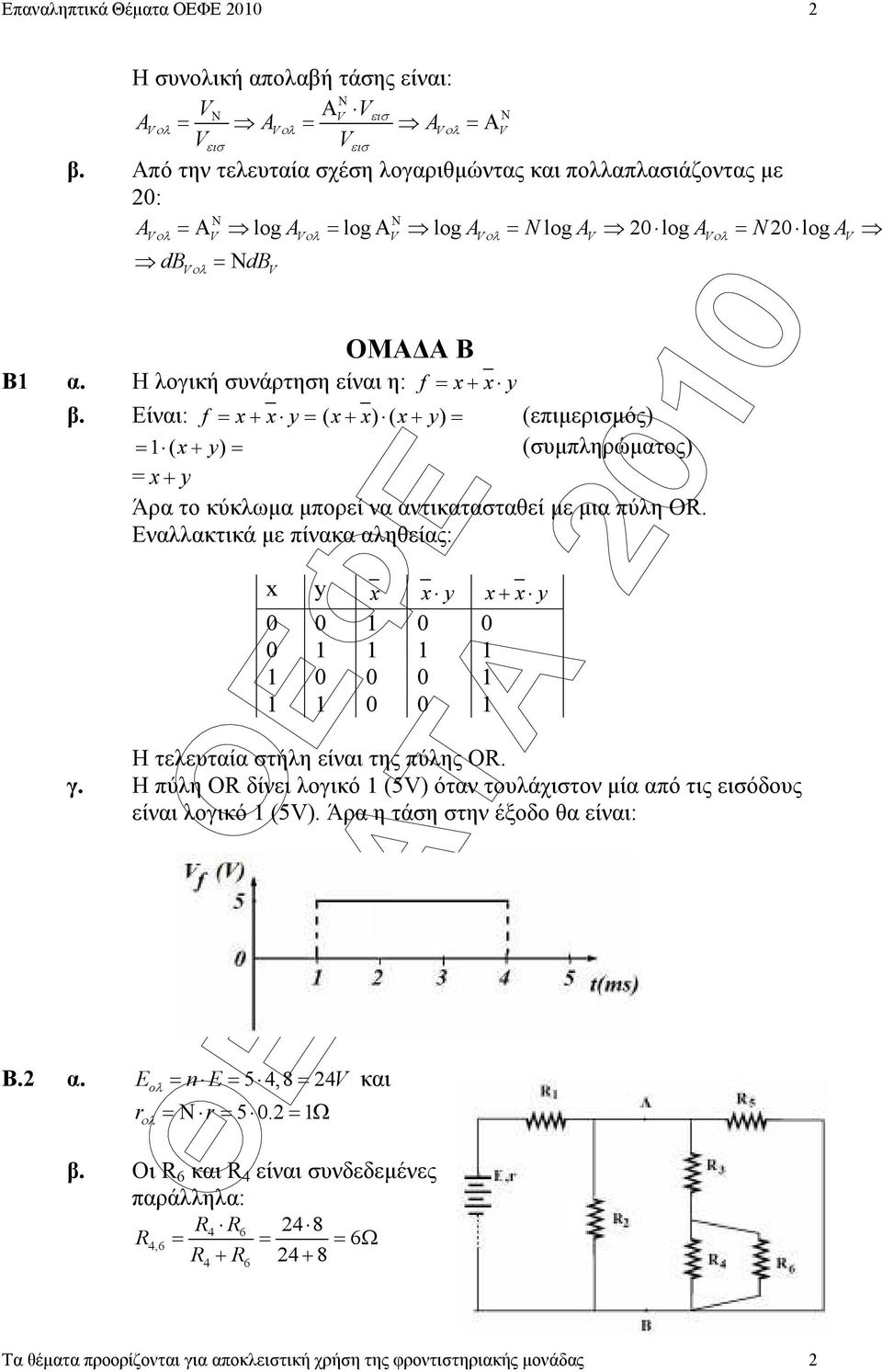 Η λογική συνάρτηση είναι η: f = x + x y V β. Είναι: f = x + x y = ( x + x) ( x + y) = (επιµερισµός) = ( x + y) = (συµπληρώµατος) = x+ y Άρα το κύκλωµα µπορεί να αντικατασταθεί µε µια πύλη OR.