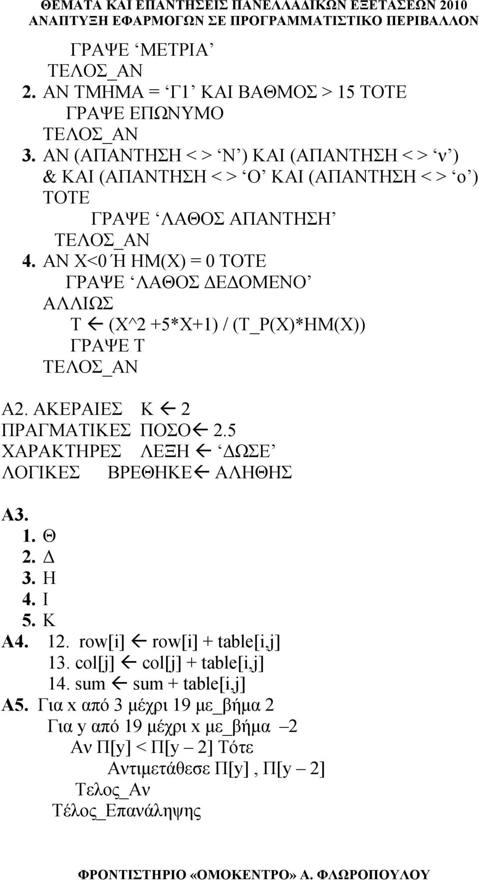 ΑΝ Χ<0 Ή ΗΜ(Χ) = 0 ΤΟΤΕ ΓΡΑΨΕ ΛΑΘΟΣ ΔΕΔΟΜΕΝΟ ΑΛΛΙΩΣ Τ (Χ^2 +5*Χ+1) / (Τ_Ρ(Χ)*ΗΜ(Χ)) ΓΡΑΨΕ Τ ΤΕΛΟΣ_ΑΝ Α2. ΑΚΕΡΑΙΕΣ Κ 2 ΠΡΑΓΜΑΤΙΚΕΣ ΠΟΣΟ 2.