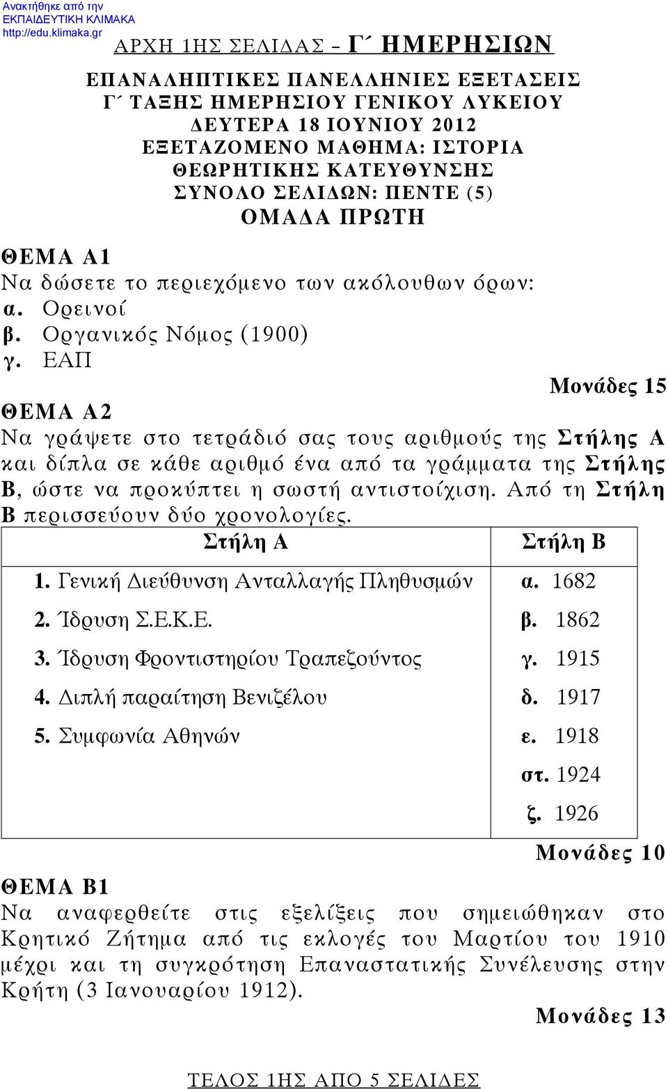 ΕΑΠ Μονάδες 15 ΘΕΜΑ Α2 Να γράψετε στο τετράδιό σας τους αριθμούς της Στήλης Α και δίπλα σε κάθε αριθμό ένα από τα γράμματα της Στήλης Β, ώστε να προκύπτει η σωστή αντιστοίχιση.