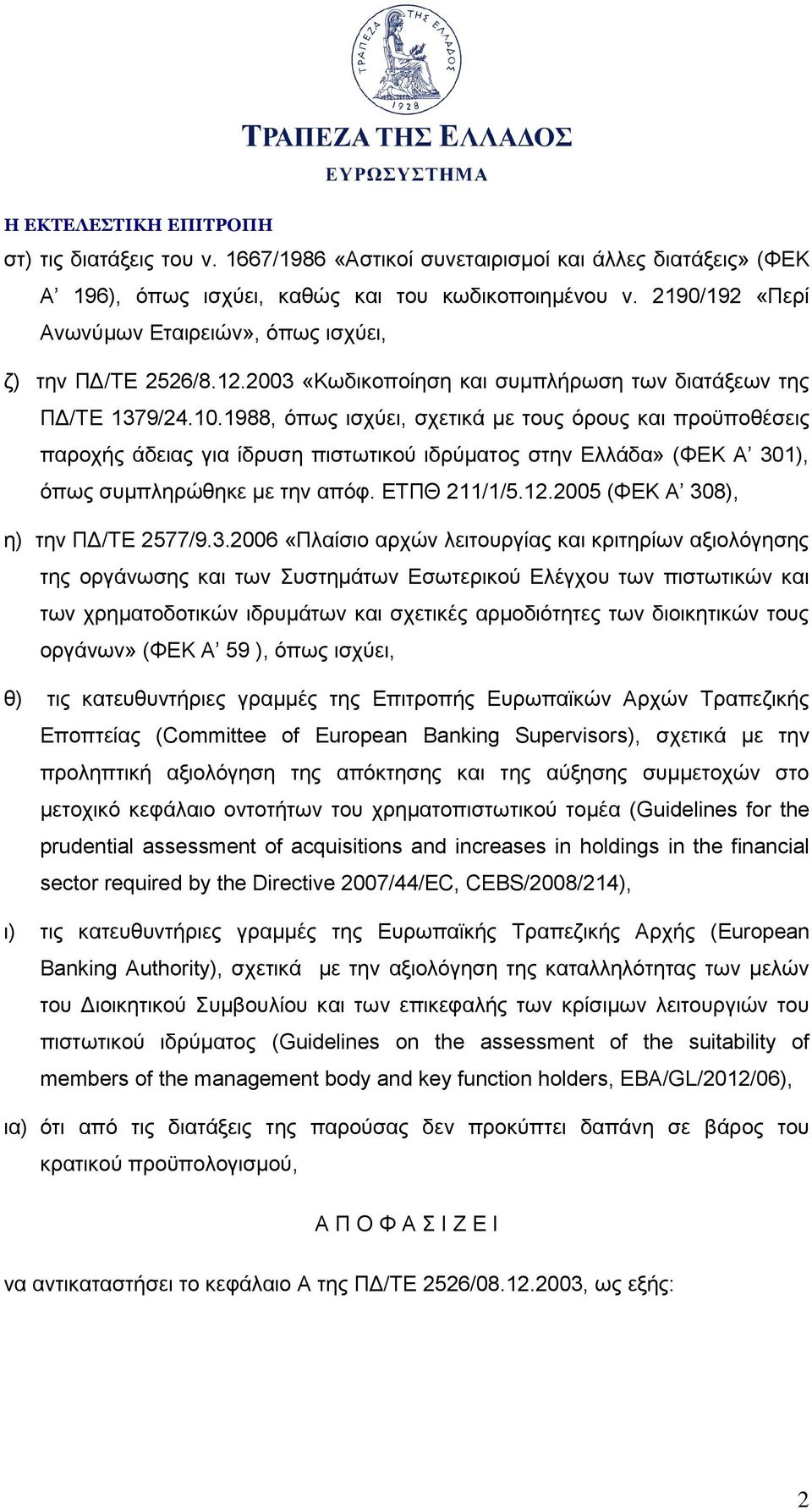 1988, όπως ισχύει, σχετικά με τους όρους και προϋποθέσεις παροχής άδειας για ίδρυση πιστωτικού ιδρύματος στην Ελλάδα» (ΦΕΚ Α 301), όπως συμπληρώθηκε με την απόφ. ΕΤΠΘ 211/1/5.12.