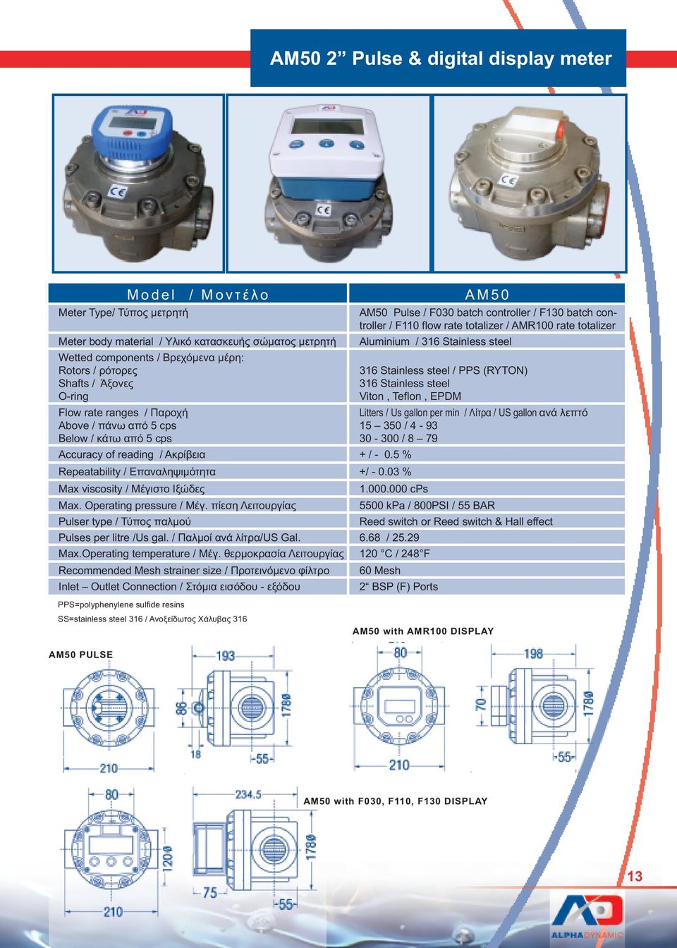 Operating pressure / Μέγ. πίεση Λειτουργίας 5500 kpa / 800PSI / 55 BAR Pulser type / Τύπος παλµού Reed switch or Reed switch & Hall effect Pulses per litre /Us gal. / Παλµοί ανά λίτρα/us Gal. 6.