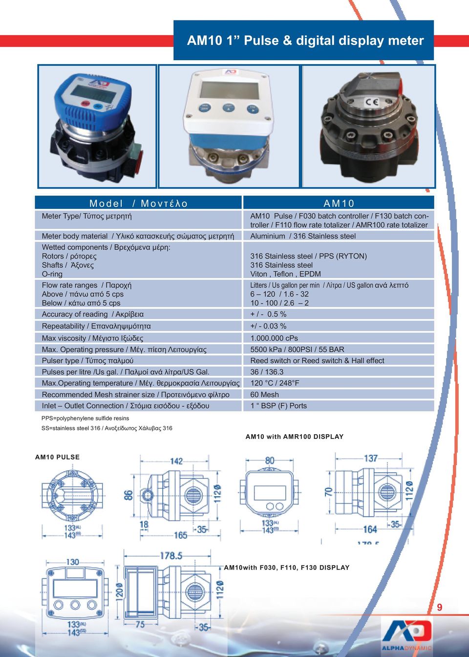 Operating pressure / Μέγ. πίεση Λειτουργίας 5500 kpa / 800PSI / 55 BAR Pulser type / Τύπος παλµού Reed switch or Reed switch & Hall effect Pulses per litre /Us gal. / Παλµοί ανά λίτρα/us Gal.