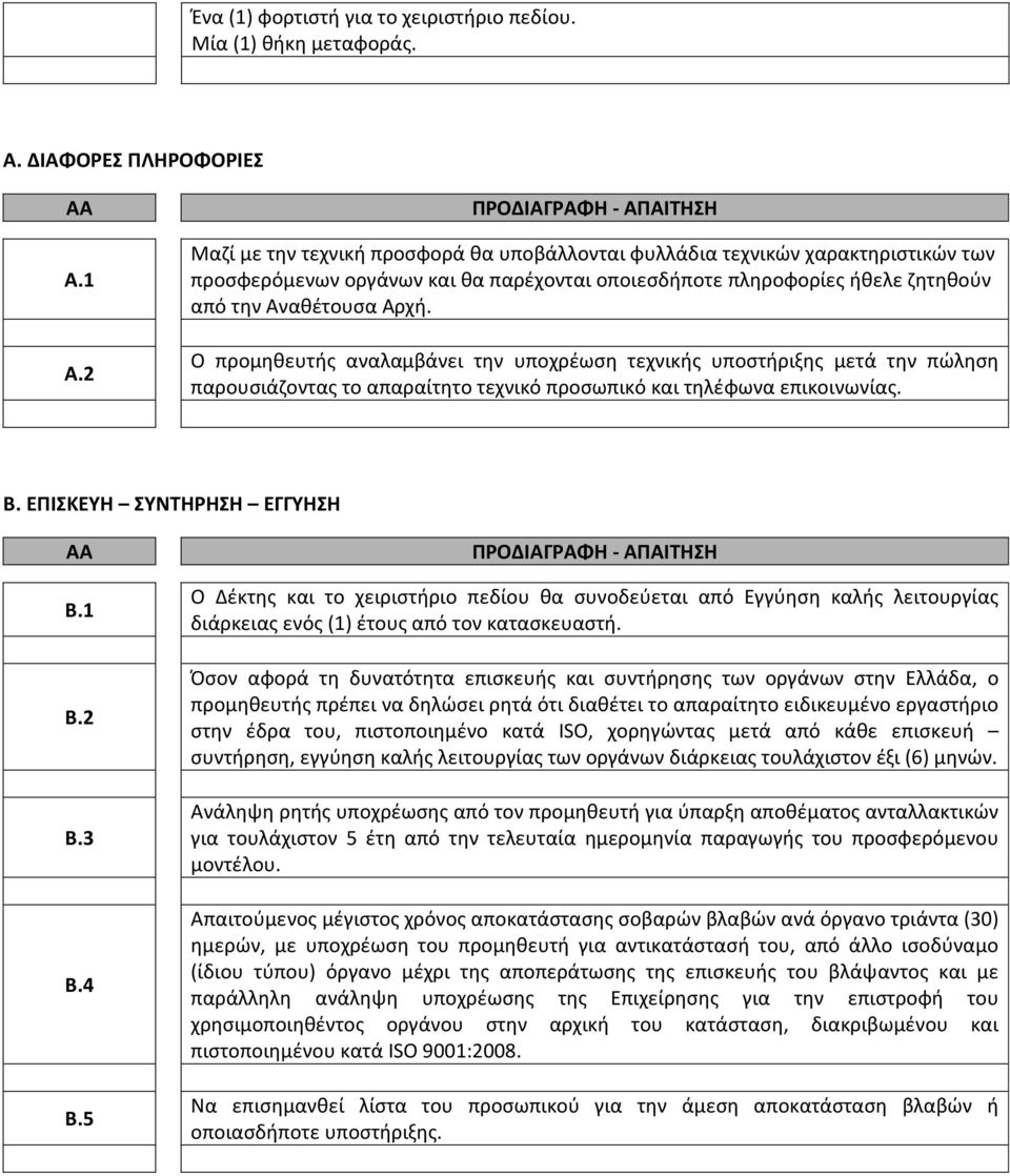 Ο προμηθευτής αναλαμβάνει την υποχρέωση τεχνικής υποστήριξης μετά την πώληση παρουσιάζοντας το απαραίτητο τεχνικό προσωπικό και τηλέφωνα επικοινωνίας. Β. ΕΠΙΣΚΕΥΗ ΣΥΝΤΗΡΗΣΗ ΕΓΓΥΗΣΗ Β.1 Β.2 Β.3 Β.4 Β.