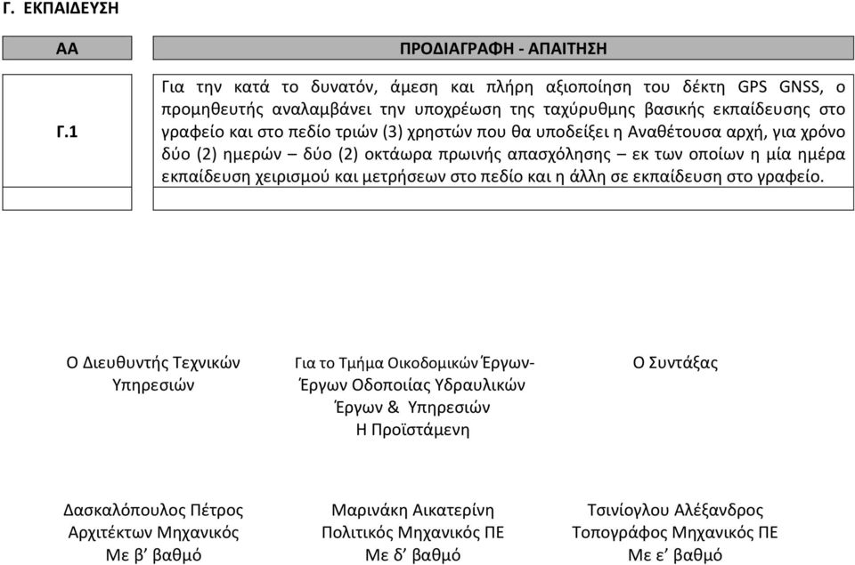 τριών (3) χρηστών που θα υποδείξει η Αναθέτουσα αρχή, για χρόνο δύο (2) ημερών δύο (2) οκτάωρα πρωινής απασχόλησης εκ των οποίων η μία ημέρα εκπαίδευση χειρισμού και μετρήσεων