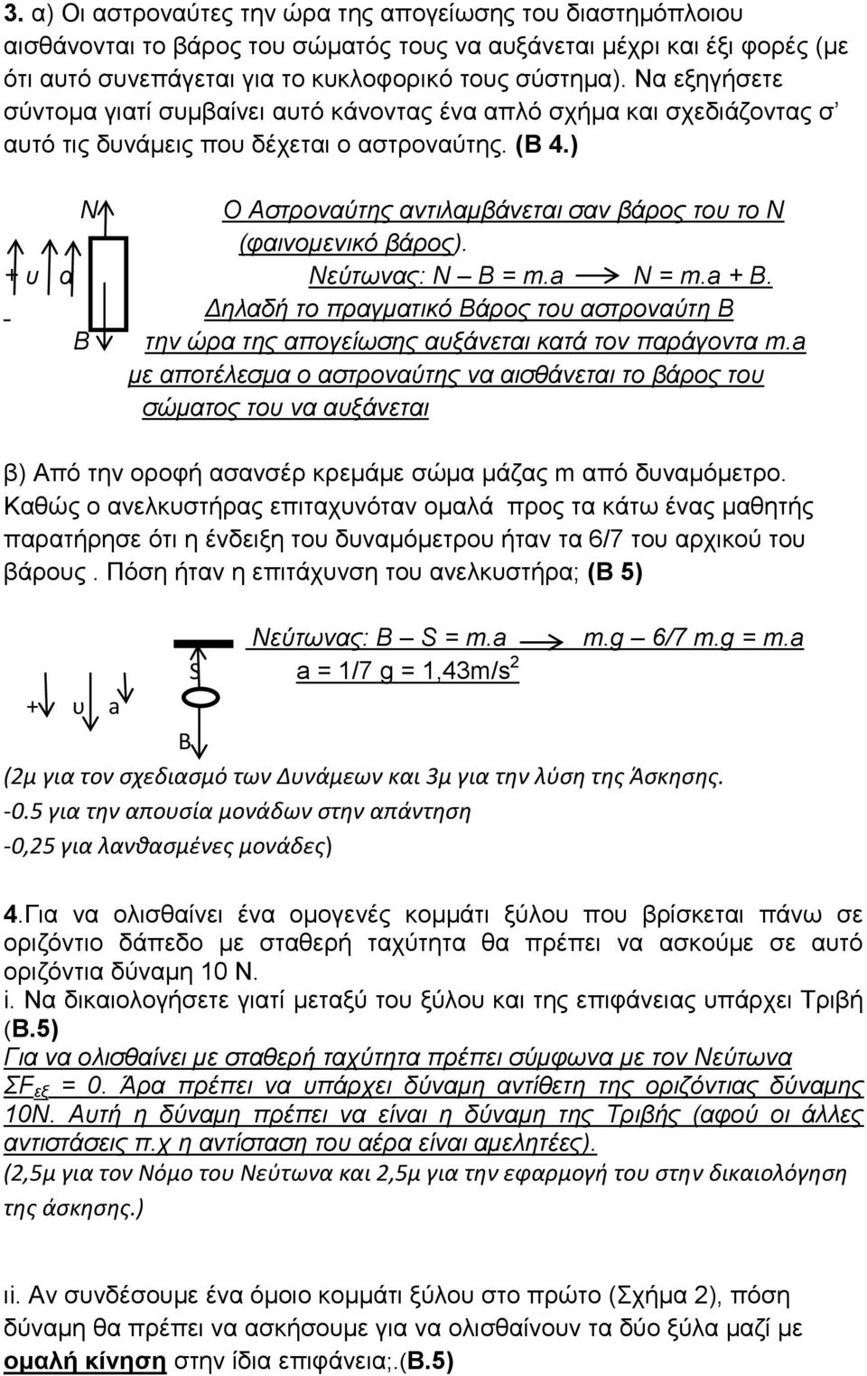 ) Ο Αστροναύτης αντιλαμβάνεται σαν βάρος του το (φαινομενικό βάρος). + υ α εύτωνας: = m.a N = m.a + B. Δηλαδή το πραγματικό άρος του αστροναύτη την ώρα της απογείωσης αυξάνεται κατά τον παράγοντα m.