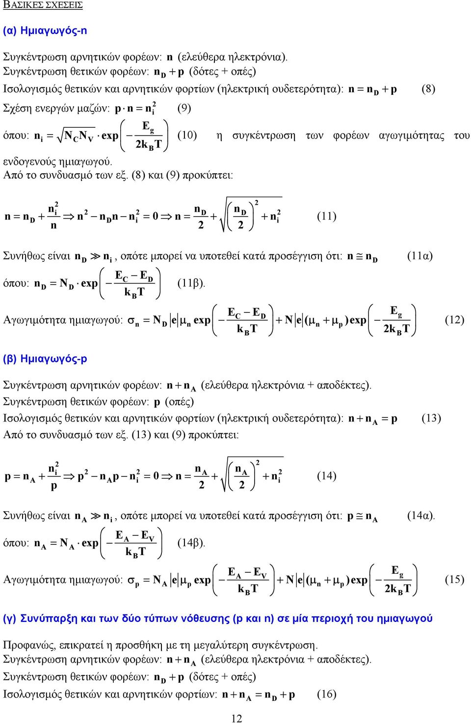συγκέντρωση των φορέων αγωγιµότητας του k BT ενδογενούς ηµιαγωγού. Από το συνδυασµό των εξ.