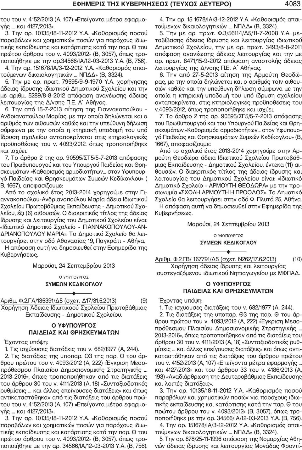 Την από 15 7 2013 αίτηση της Γιαννακοπούλου Ανδριανοπούλου Μαρίας, με την οποία δηλώνεται και ο αριθμός των αιθουσών καθώς και την υπεύθυνη δήλωση σύμφωνα με την οποία η κτηριακή υποδομή του υπό