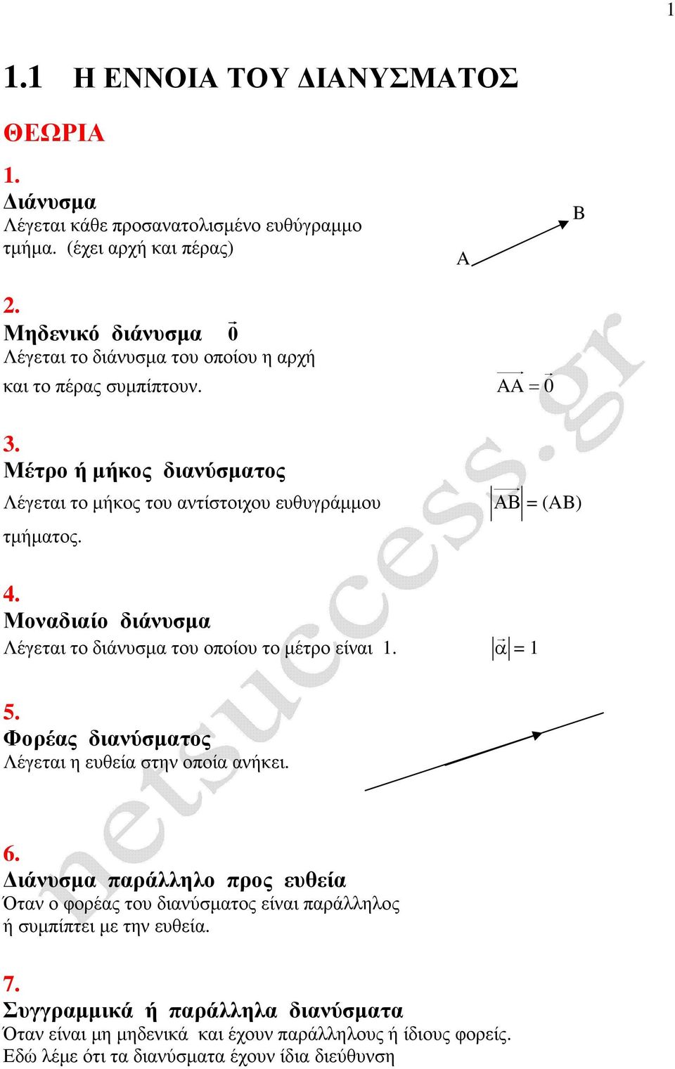 = (AB) 4. Μναδιαί διάνυσµα Λέγεται τ διάνυσµα τυ πίυ τ µέτρ είναι 1. α = 1 5. Φρέας διανύσµατς Λέγεται η ευθεία στην πία ανήκει.