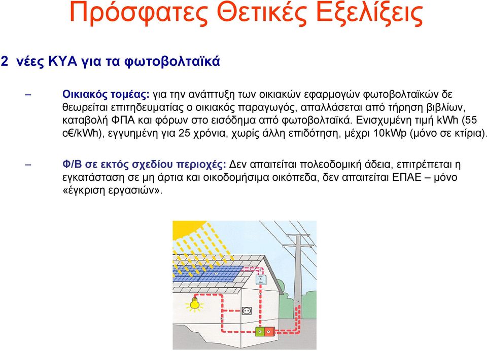 Ενισχυµένη τιµή kwh (55 c /kwh), εγγυηµένη για 25 χρόνια, χωρίς άλλη επιδότηση, µέχρι 10kWp (µόνο σε κτίρια).