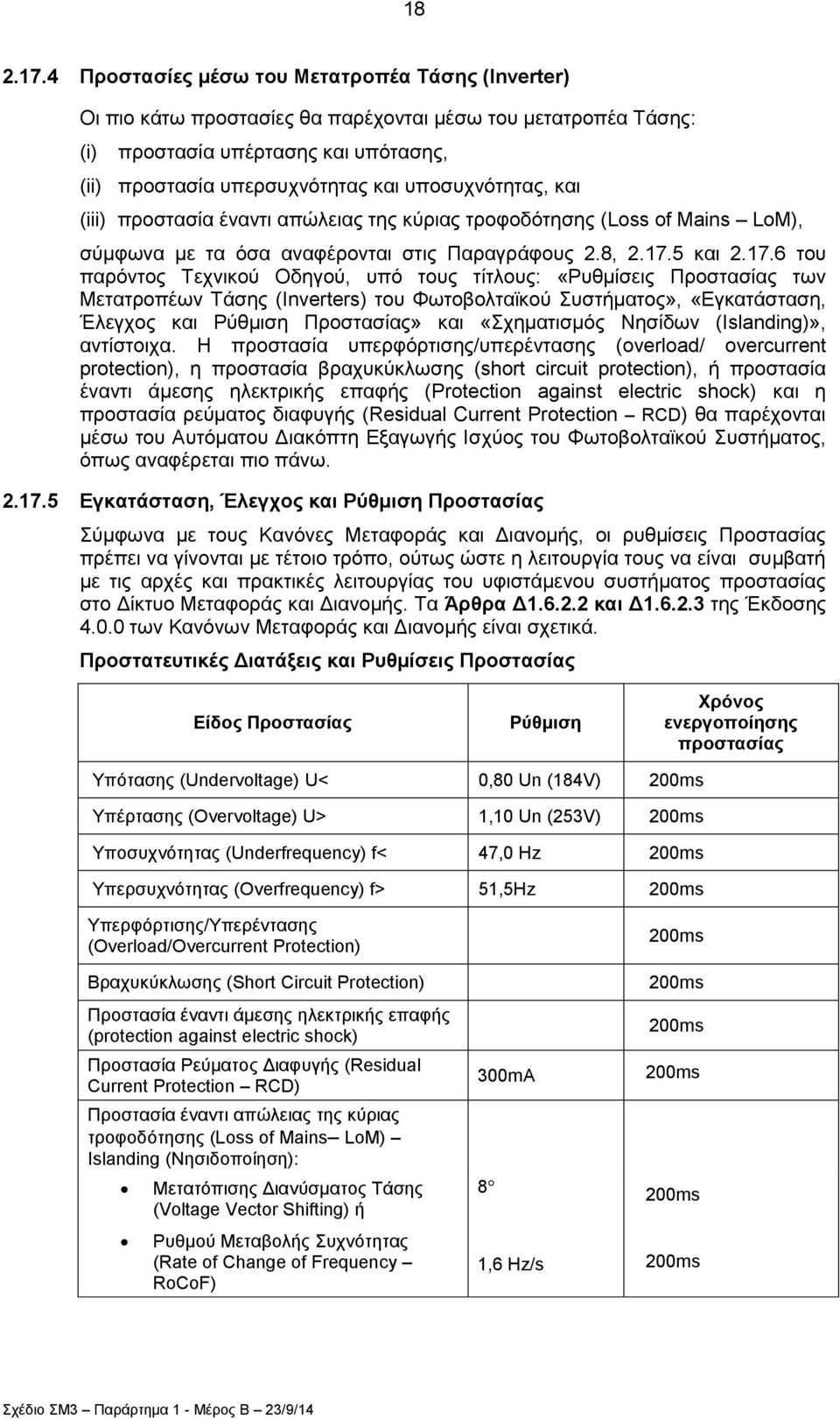 ππνζπρλφηεηαο, θαη (iii) πξνζηαζία έλαληη απψιεηαο ηεο θχξηαο ηξνθνδφηεζεο (Loss of Mains LoM), ζχκθσλα κε ηα φζα αλαθέξνληαη ζηηο Παξαγξάθνπο 2.8, 2.17.