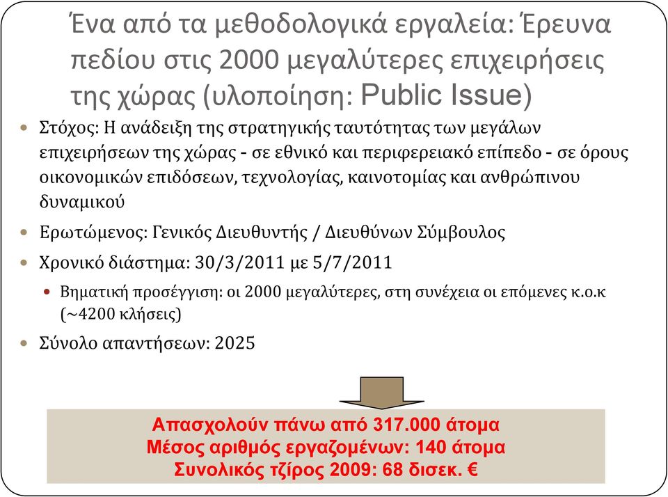 δυναμικού Ερωτώμενοσ: Γενικόσ Διευθυντόσ / Διευθύνων Σύμβουλοσ Χρονικό διϊςτημα: 30/3/2011 με 5/7/2011 Βηματικό προςϋγγιςη: οι 2000 μεγαλύτερεσ, ςτη ςυνϋχεια