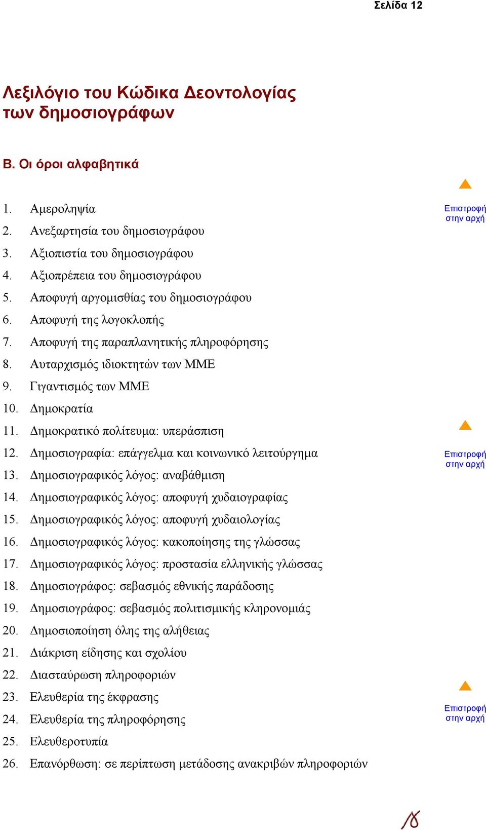 Δημοκρατικό πολίτευμα: υπεράσπιση 12. Δημοσιογραφία: επάγγελμα και κοινωνικό λειτούργημα 13. Δημοσιογραφικός λόγος: αναβάθμιση 14. Δημοσιογραφικός λόγος: αποφυγή χυδαιογραφίας 15.