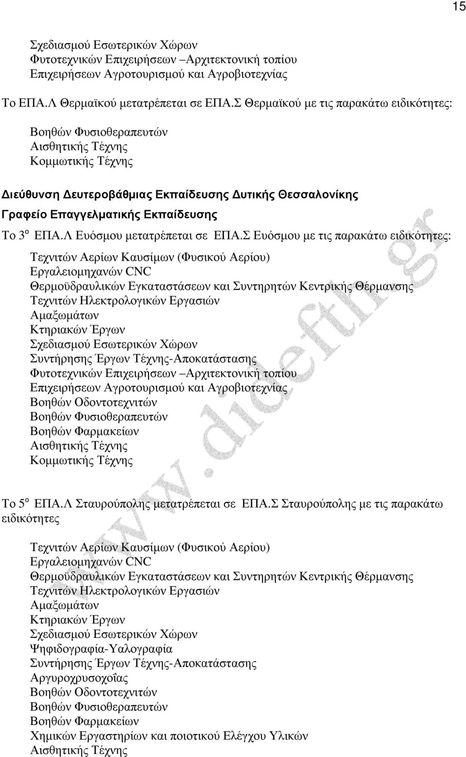 Σ Ευόσµου µε τις παρακάτω Συντήρησης Έργων Τέχνης-Αποκατάστασης Επιχειρήσεων Αγροτουρισµού και Αγροβιοτεχνίας Βοηθών Οδοντοτεχνιτών Το 5 ο ΕΠΑ.