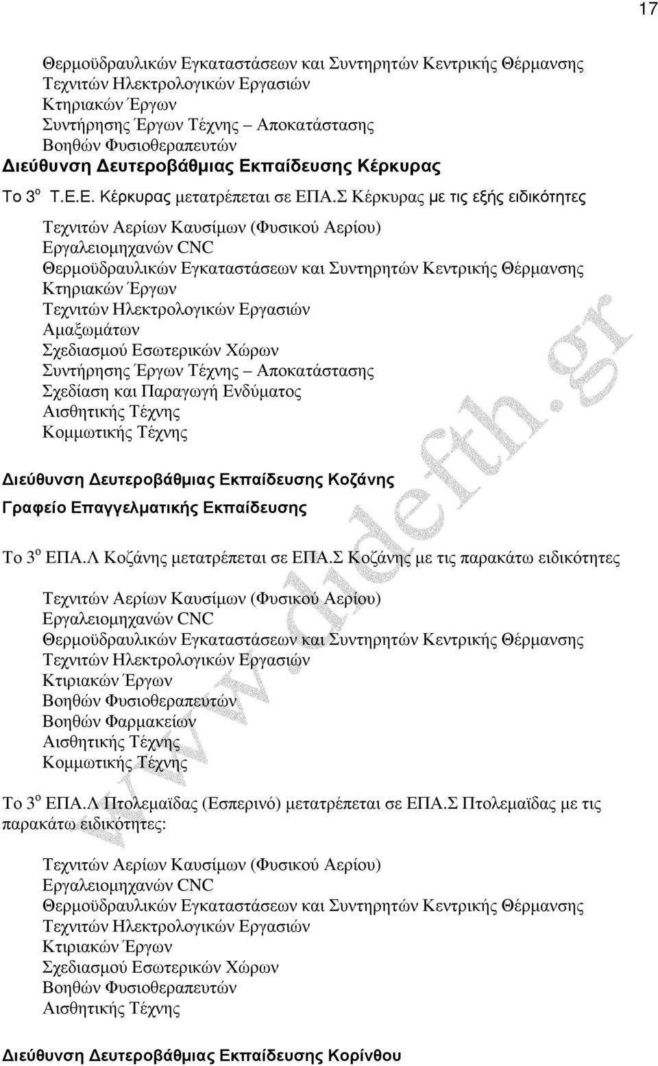 Εκπαίδευσης Κοζάνης Το 3 ο ΕΠΑ.Λ Κοζάνης µετατρέπεται σε ΕΠΑ.Σ Κοζάνης µε τις παρακάτω ειδικότητες Κτιριακών Έργων Το 3 ο ΕΠΑ.