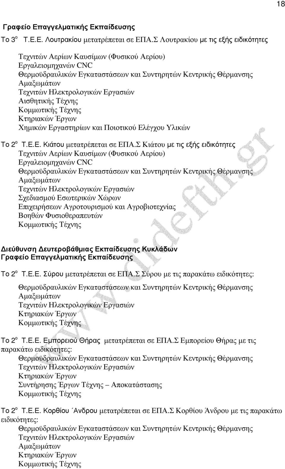 Σ Κιάτου µε τις εξής ειδικότητες Επιχειρήσεων Αγροτουρισµού και Αγροβιοτεχνίας ιεύθυνση ευτεροβάθµιας Εκπαίδευσης Κυκλάδων Το 2 ο Τ.Ε.Ε. Σύρου µετατρέπεται σε ΕΠΑ.