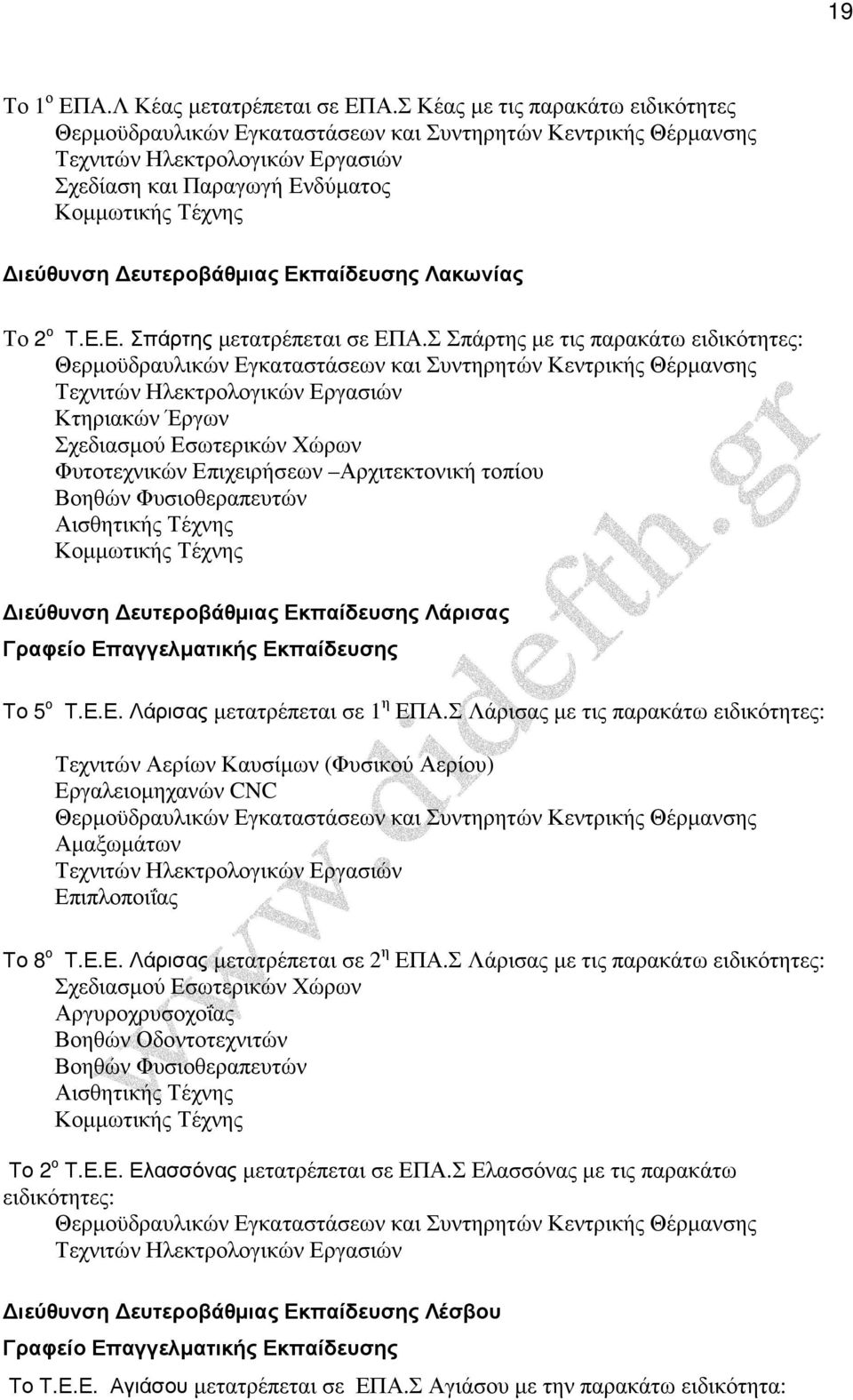 Σ Λάρισας µε τις παρακάτω Επιπλοποιΐας Το 8 ο Τ.Ε.Ε. Λάρισας µετατρέπεται σε 2 η ΕΠΑ.Σ Λάρισας µε τις παρακάτω Αργυροχρυσοχοΐας Βοηθών Οδοντοτεχνιτών Το 2 ο Τ.Ε.Ε. Ελασσόνας µετατρέπεται σε ΕΠΑ.