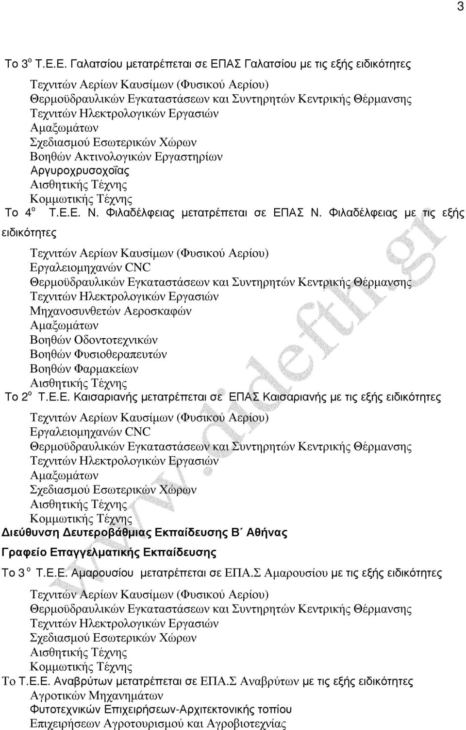 Ε.Ε. Αµαρουσίου µετατρέπεται σε ΕΠΑ.Σ Αµαρουσίου µε τις εξής ειδικότητες Το Τ.Ε.Ε. Αναβρύτων µετατρέπεται σε ΕΠΑ.