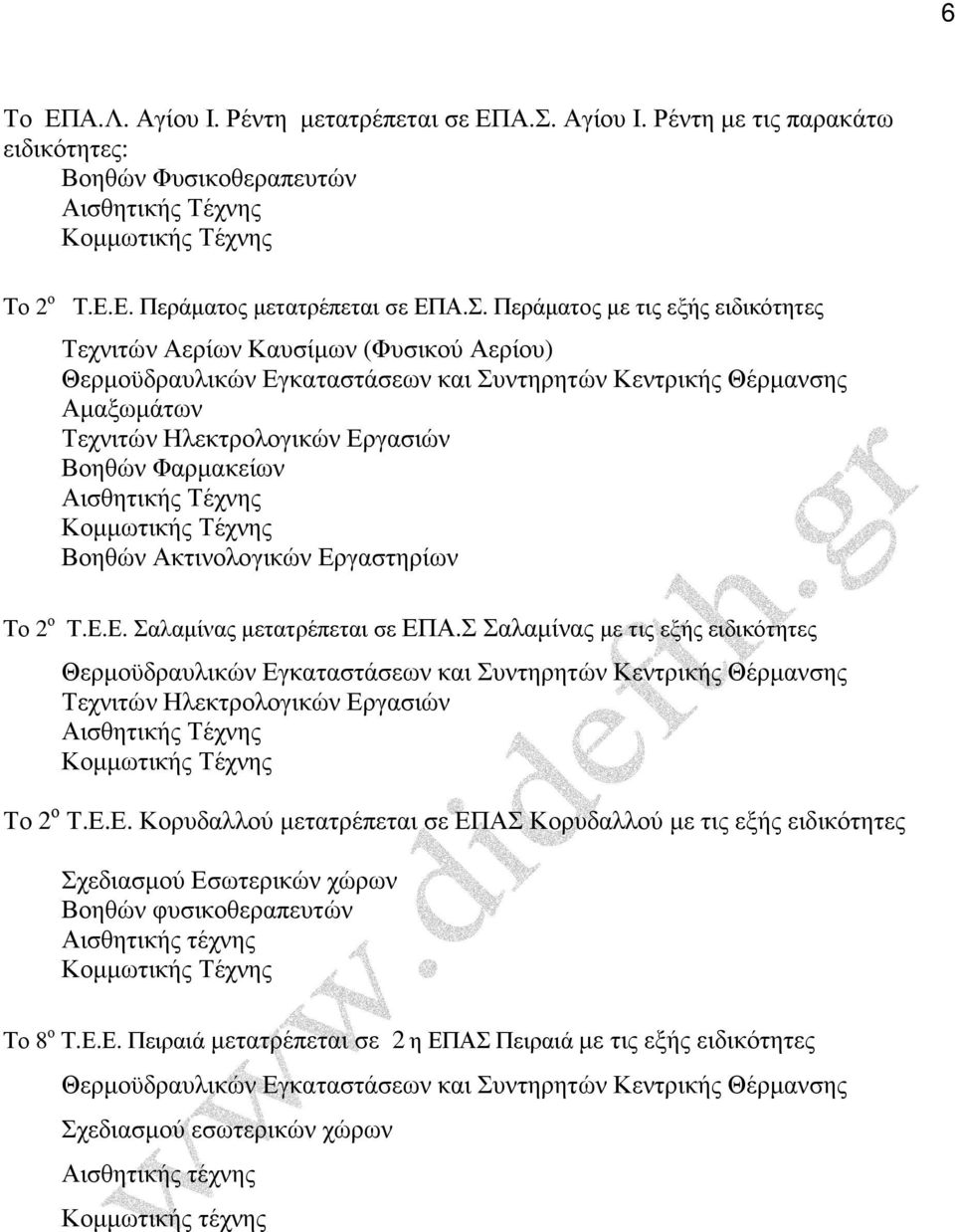 Σ Σαλαµίνας µε τις εξής ειδικότητες Το 2 ο Τ.Ε.