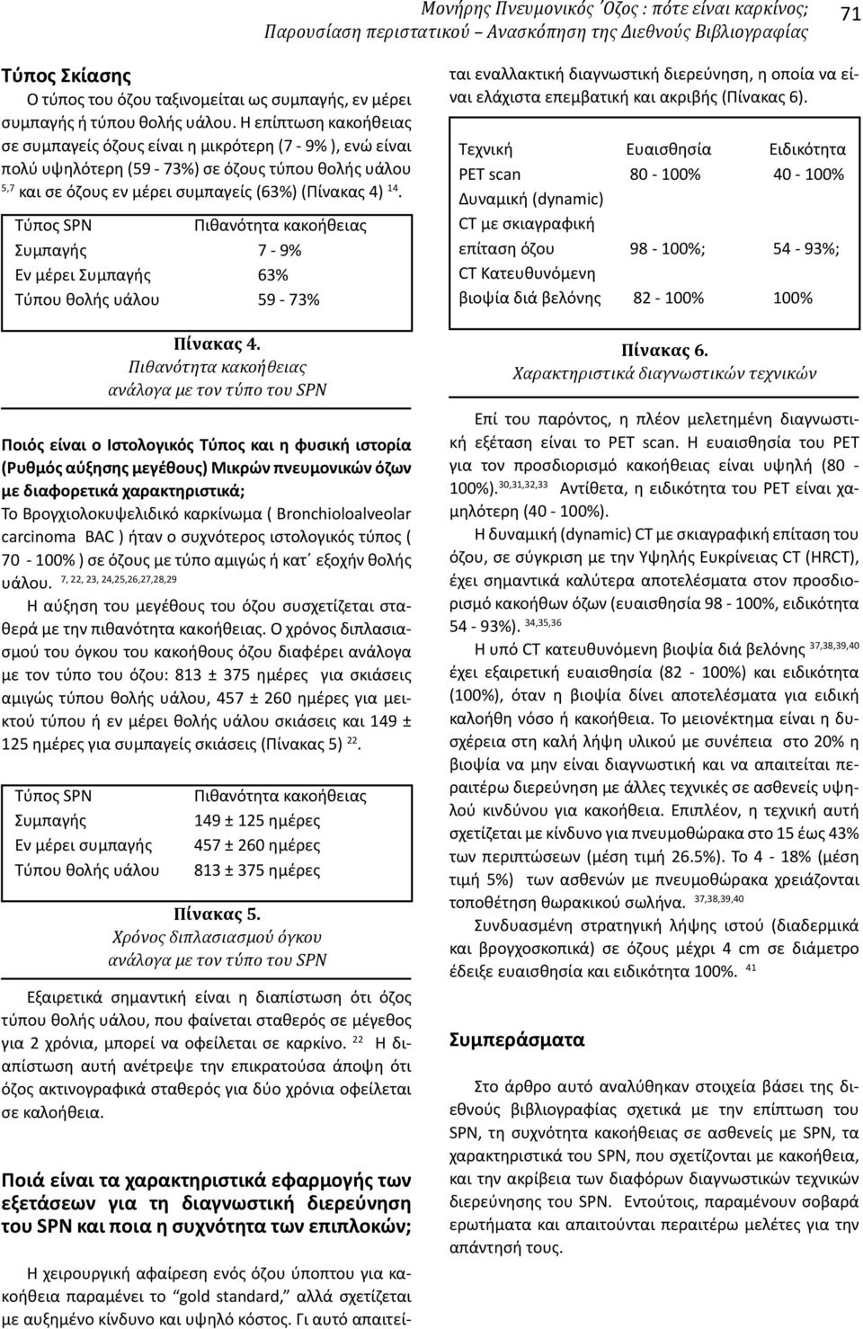 Τύπος SPN Πιθανότητα κακοήθειας Συμπαγής 7-9% Εν μέρει Συμπαγής 63% Τύπου θολής υάλου 59-73% Ποιός είναι ο Ιστολογικός Τύπος και η φυσική ιστορία (Ρυθμός αύξησης μεγέθους) Μικρών πνευμονικών όζων με