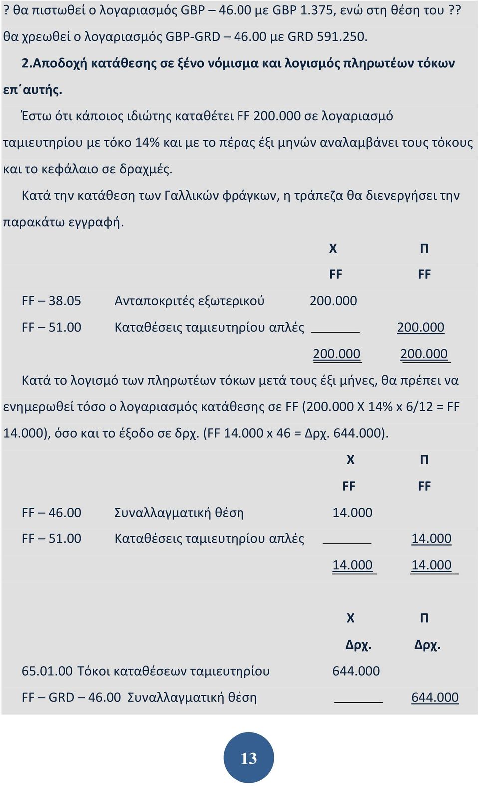 Κατά την κατάθεση των Γαλλικών φράγκων, η τράπεζα θα διενεργήσει την παρακάτω εγγραφή. Χ FF FF FF 38.05 Ανταποκριτές εξωτερικού 200.000 FF 51.00 Kαταθέσεις ταμιευτηρίου απλές 200.000 200.