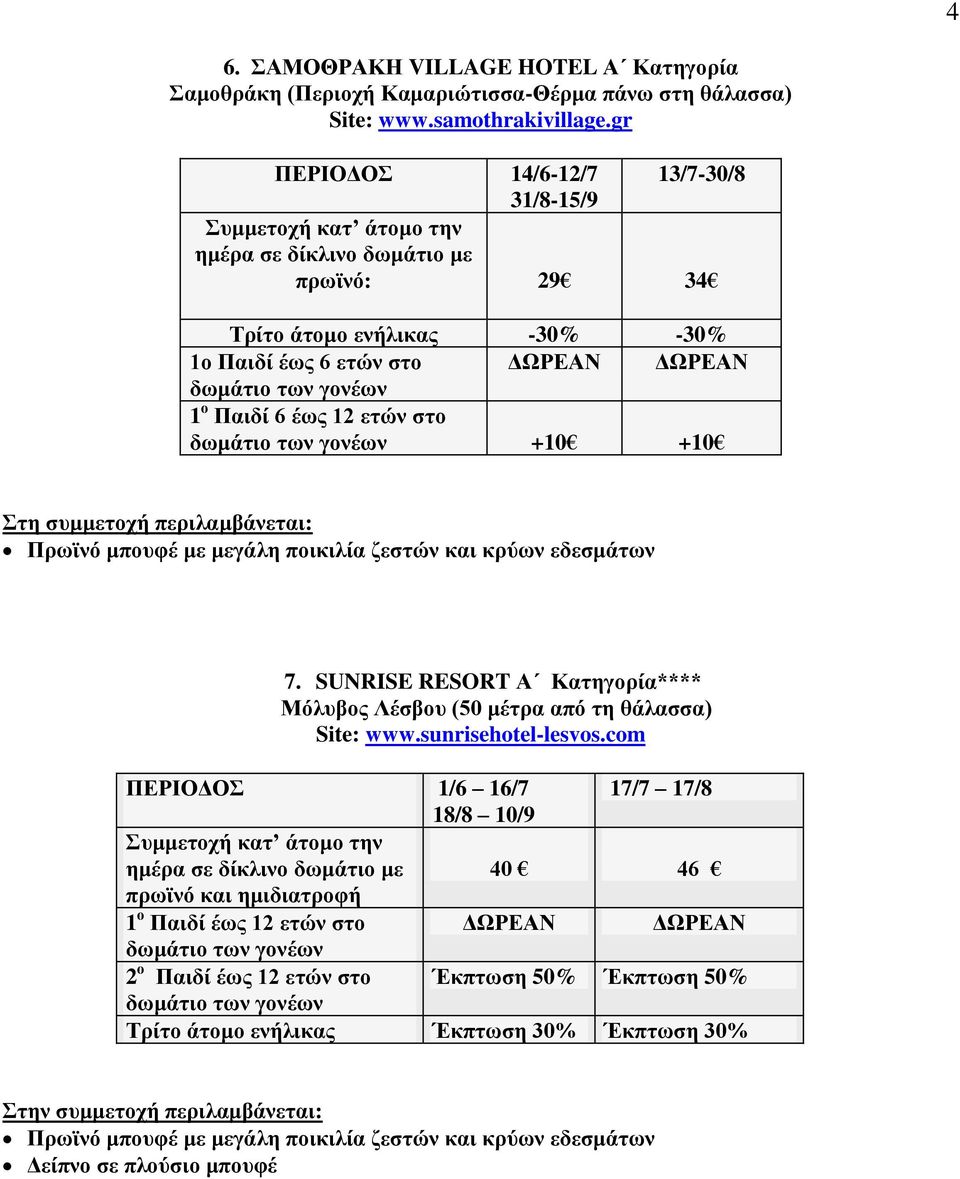 12 ετών στο δωμάτιο των γονέων +10 +10 Στη συμμετοχή περιλαμβάνεται: Πρωϊνό μπουφέ με μεγάλη ποικιλία ζεστών και κρύων εδεσμάτων 7.