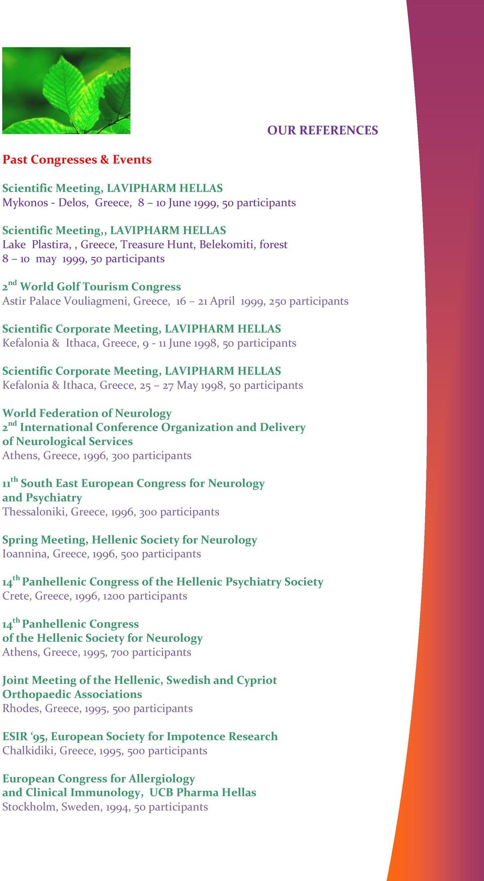 9-11 June 1998, 50 participants Scientific Corporate Meeting, LAVIPHARM HELLAS Kefalonia & Ιthaca, Greece, 25 27 Μay 1998, 50 participants World Federation of Neurology 2 nd International Conference