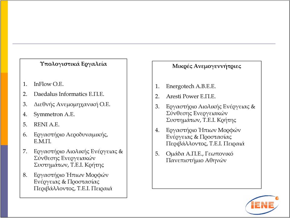 Εργαστήριο Ήπιων Μορφών Ενέργειας & Προστασίας Περιβάλλοντος, Τ.Ε.Ι. Πειραιά 1. Energotech Α.Β.Ε.Ε. 2. Aresti Power Ε.Π.Ε. 3.