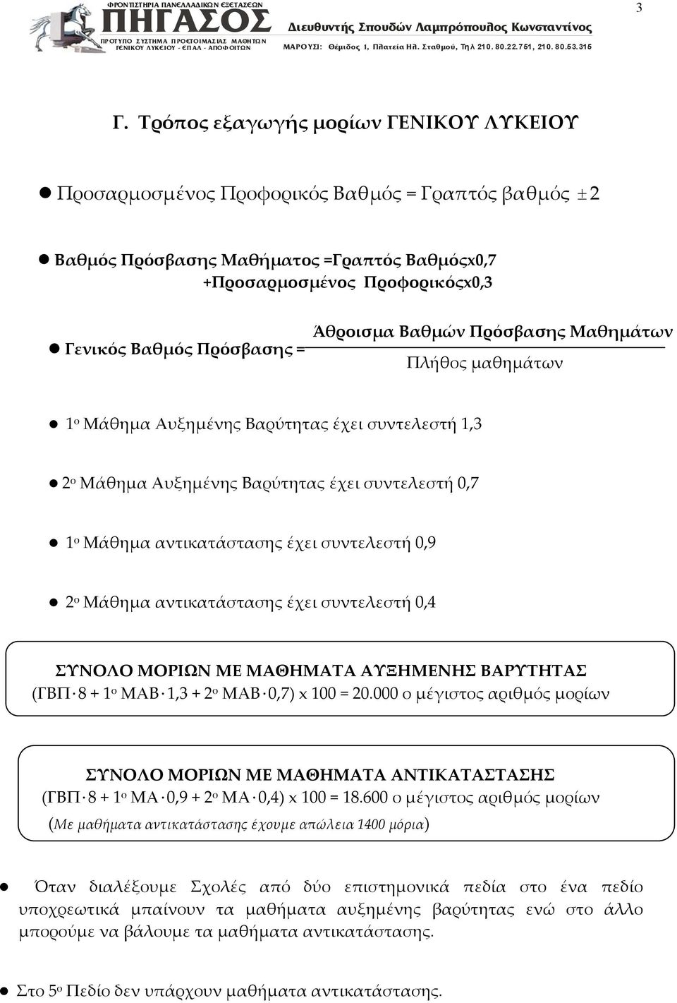 συντελεστή 0,9 2 ο Μάθημα αντικατάστασης έχει συντελεστή 0,4 ΣΥΝΟΛΟ ΜΟΡΙΩΝ ΜΕ ΜΑΘΗΜΑΤΑ ΑΥΞΗΜΕΝΗΣ ΒΑΡΥΤΗΤΑΣ (ΓΒΠ 8 + 1 ο ΜΑΒ 1,3 + 2 ο ΜΑΒ 0,7) x 100 = 20.