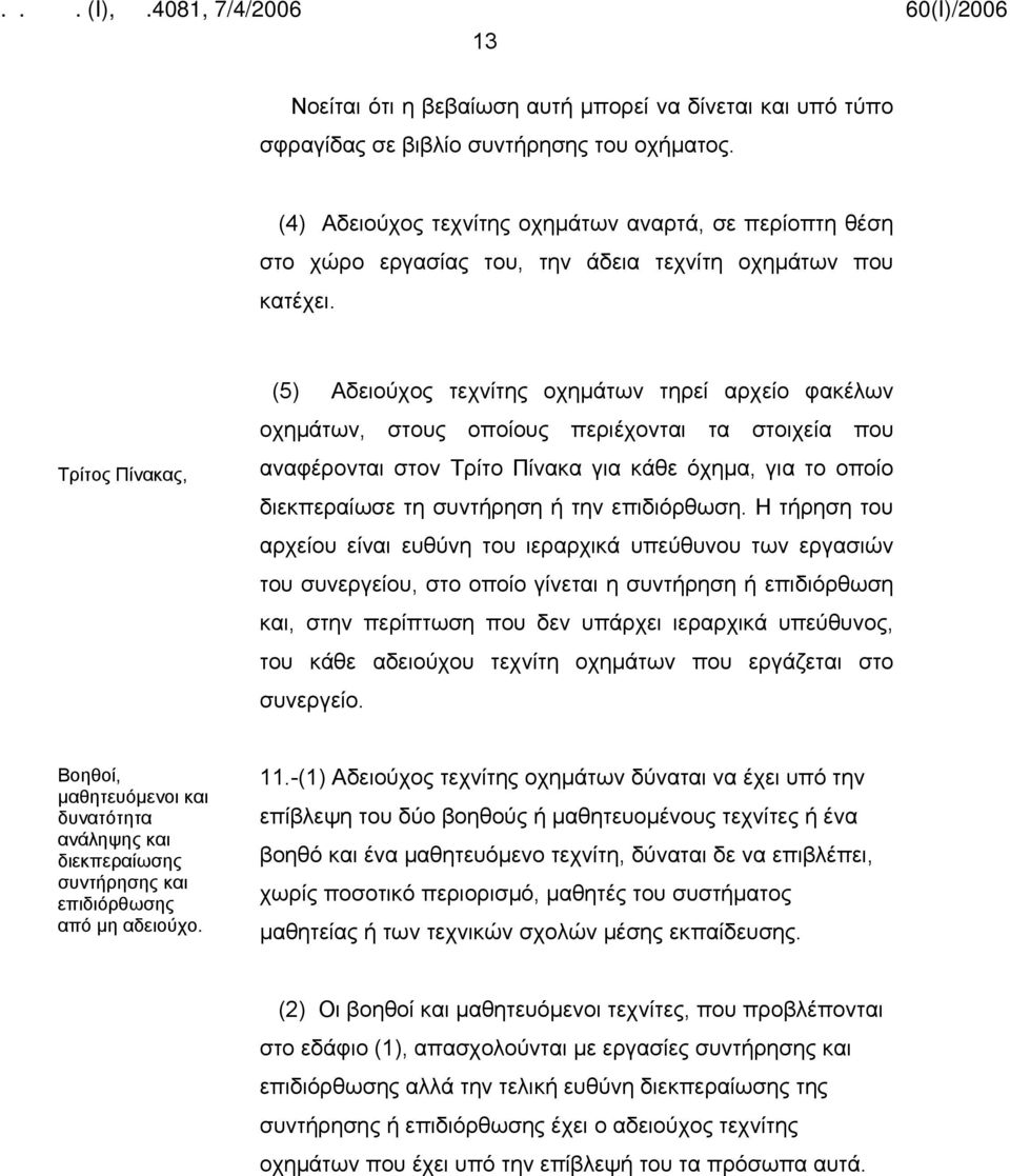 Τρίτος Πίνακας, (5) Αδειούχος τεχνίτης οχημάτων τηρεί αρχείο φακέλων οχημάτων, στους οποίους περιέχονται τα στοιχεία που αναφέρονται στον Τρίτο Πίνακα για κάθε όχημα, για το οποίο διεκπεραίωσε τη