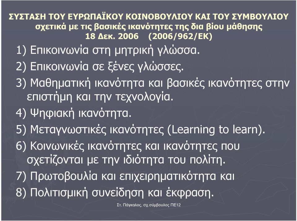 3) Μαθηµατική ικανότητα και βασικές ικανότητες στην επιστήµη και την τεχνολογία. 4) Ψηφιακή ικανότητα.