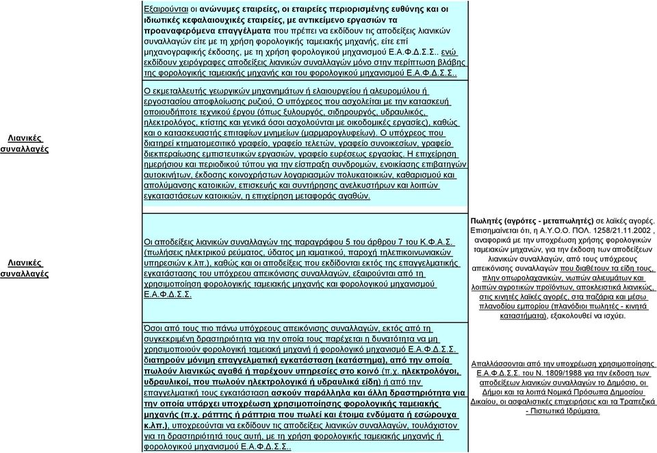 Σ.. ενώ εκδίδουν χειρόγραφες αποδείξεις λιανικών συναλλαγών μόνο στην περίπτωση βλάβης της φορολογικής ταμειακής μηχανής και του φορολογικού μηχανισμού Ε.Α.Φ.Δ.Σ.Σ.. Ο εκμεταλλευτής γεωργικών