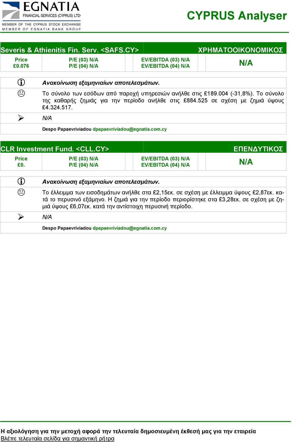 CLR Investment Fund. <CLL.CY> 0. ΕΠΕΝ ΥΤΙΚΟΣ Το έλλειµµα των εισοδηµάτων ανήλθε στα 2,15εκ. σε σχέση µε έλλειµµα ύψους 2,87εκ.