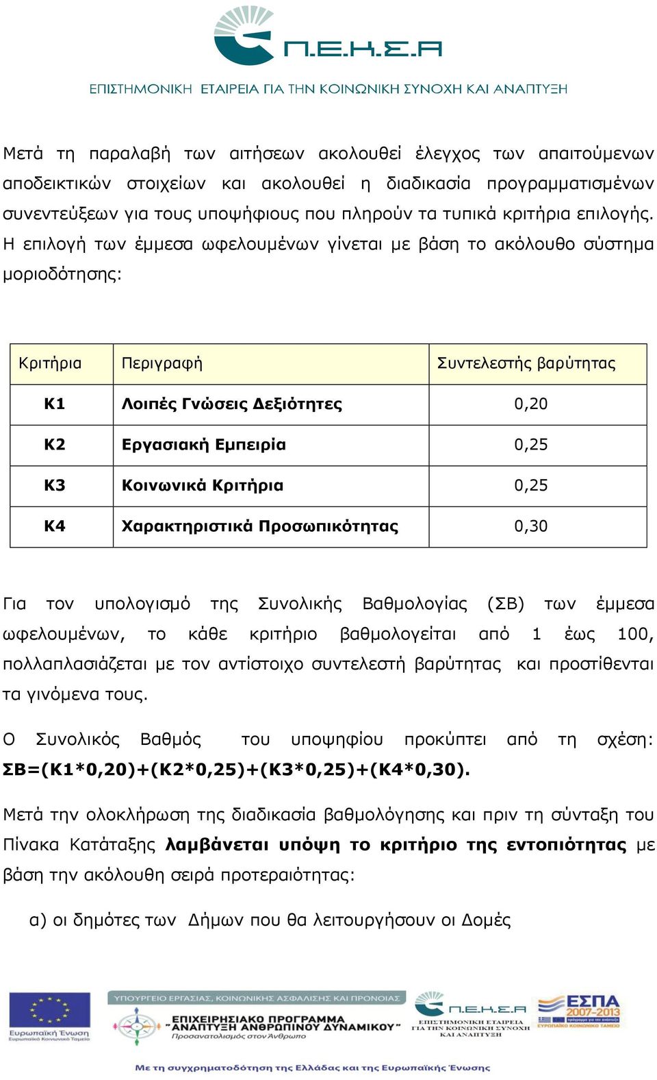 Η επιλογή των έμμεσα ωφελουμένων γίνεται με βάση το ακόλουθο σύστημα μοριοδότησης: Κριτήρια Περιγραφή Συντελεστής βαρύτητας Κ1 Λοιπές Γνώσεις Δεξιότητες 0,20 Κ2 Εργασιακή Εμπειρία 0,25 Κ3 Κοινωνικά