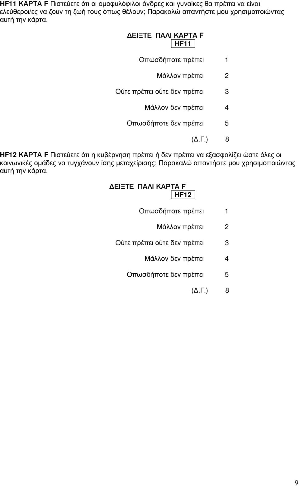 ΕΙΞΤΕ ΠΑΛΙ ΚΑΡΤΑ F HF11 Οπωσδήποτε πρέπει 1 Μάλλον πρέπει 2 Ούτε πρέπει ούτε δεν πρέπει 3 Μάλλον δεν πρέπει 4 Οπωσδήποτε δεν πρέπει 5 8 HF12 ΚΑΡΤΑ F Πιστεύετε