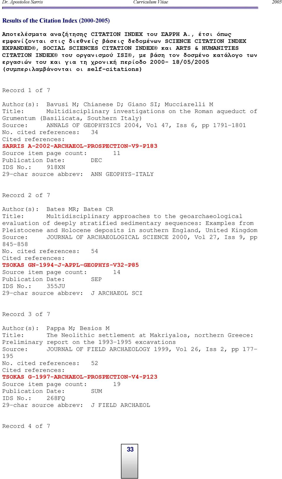 κατάλογο των εργασιών του και για τη χρονική περίοδο 2000-18/05/2005 (συµπεριλαµβάνονται οι self-citations) Record 1 of 7 Author(s): Bavusi M; Chianese D; Giano SI; Mucciarelli M Title: