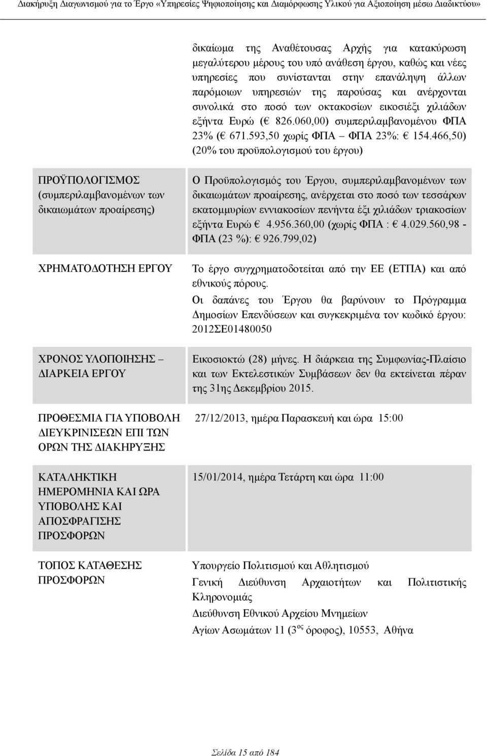 466,50) (20% του προϋπολογισµού του έργου) ΠΡΟΫΠΟΛΟΓΙΣΜΟΣ (συµπεριλαµβανοµένων των δικαιωµάτων προαίρεσης) ΧΡΗΜΑΤΟ ΟΤΗΣΗ ΕΡΓΟΥ ΧΡΟΝΟΣ ΥΛΟΠΟΙΗΣΗΣ ΙΑΡΚΕΙΑ ΕΡΓΟΥ ΠΡΟΘΕΣΜΙΑ ΓΙΑ ΥΠΟΒΟΛΗ ΙΕΥΚΡΙΝΙΣΕΩΝ ΕΠΙ