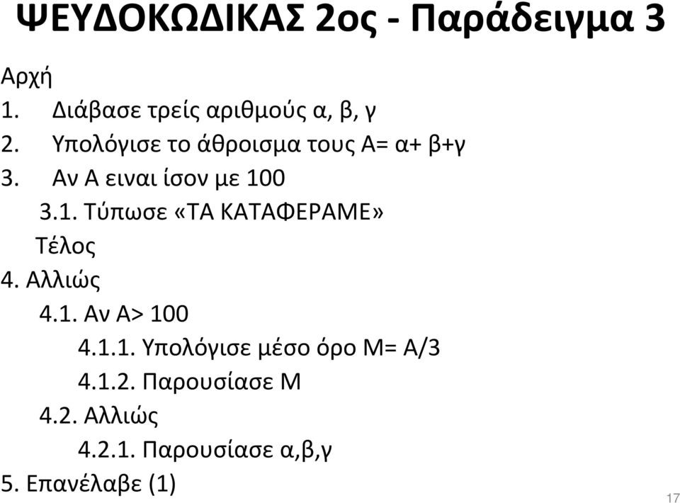 0 3.1. Τύπωσε«ΤΑ ΚΑΤΑΦΕΡΑΜΕ» Τέλος 4. Αλλιώς 4.1. ΑνΑ> 100 4.1.1. Υπολόγισε μέσο όρο Μ= Α/3 4.