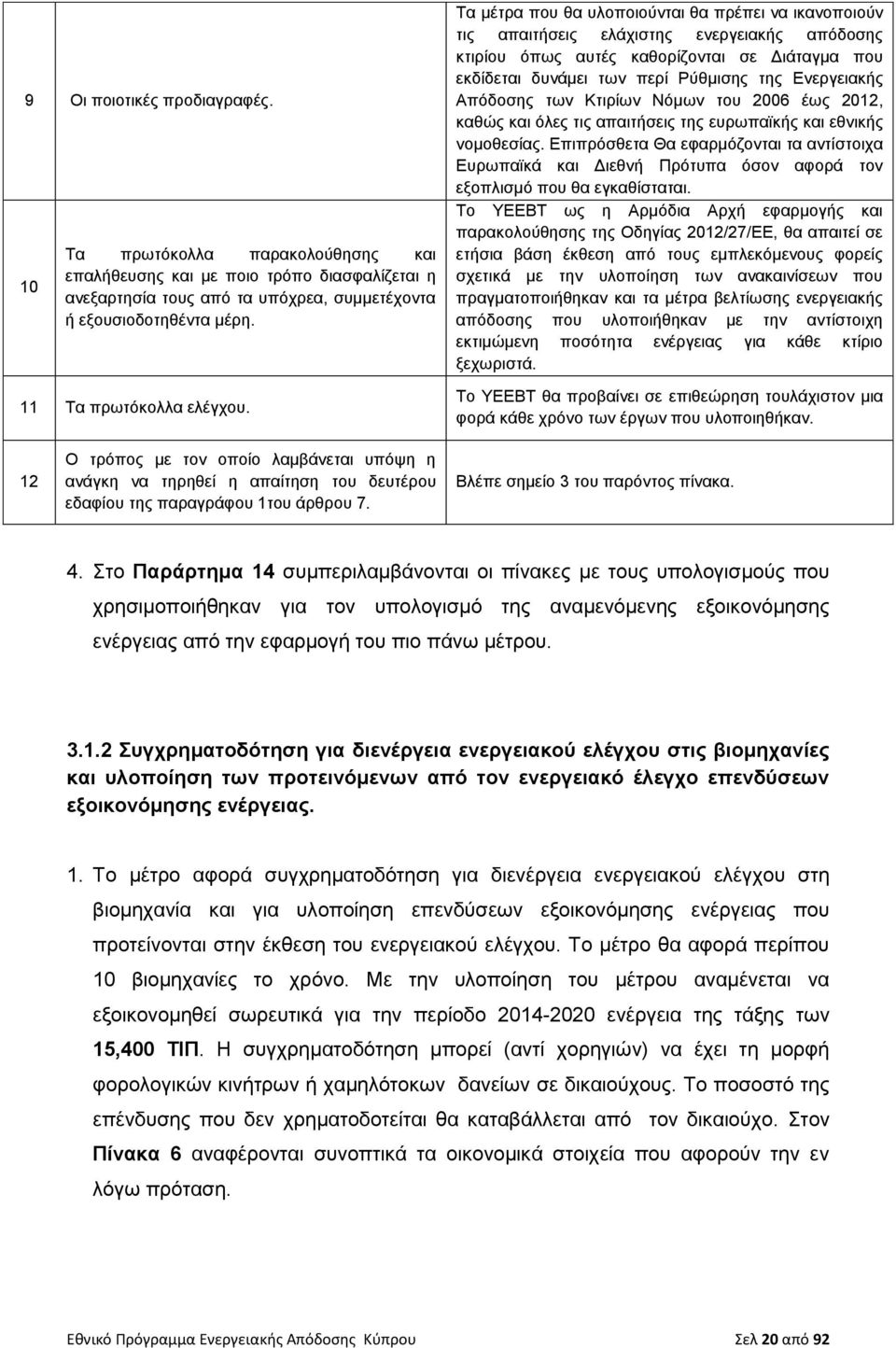 Τα μέτρα που θα υλοποιούνται θα πρέπει να ικανοποιούν τις απαιτήσεις ελάχιστης ενεργειακής απόδοσης κτιρίου όπως αυτές καθορίζονται σε Διάταγμα που εκδίδεται δυνάμει των περί Ρύθμισης της Ενεργειακής