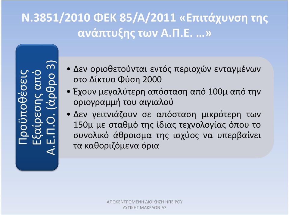 απόσταση από 100μ από την οριογραμμή του αιγιαλού Δεν γειτνιάζουν σε απόσταση μικρότερη των 150μ