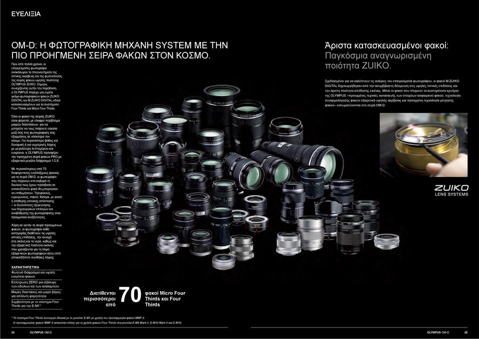 Σήμερα, συνεχίζοντας αυτήν την παράδοση, η OLYMPUS παρέχει μια ευρεία γκάμα φωτογραφικών φακών ZUIKO DIGITAL και ειδικά κατασκευασμένων για τα συστήματα Four Thirds και Micro Four Thirds.