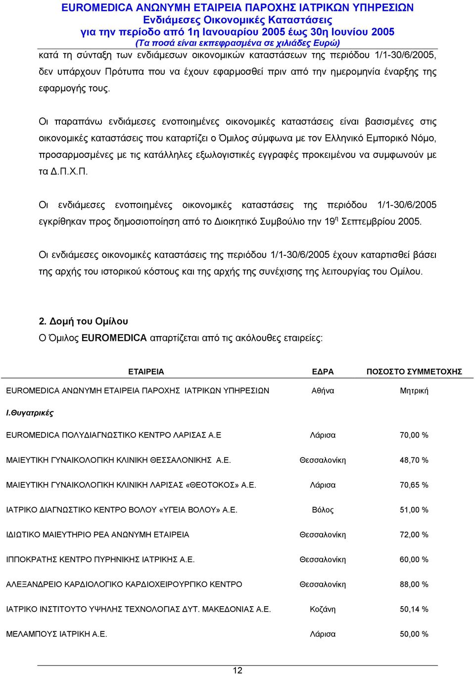 κατάλληλες εξωλογιστικές εγγραφές προκειµένου να συµφωνούν µε τα.π.χ.π. Οι ενδιάµεσες ενοποιηµένες οικονοµικές καταστάσεις της περιόδου 1/1- εγκρίθηκαν προς δηµοσιοποίηση από το ιοικητικό Συµβούλιο την 19 η Σεπτεµβρίου 2005.