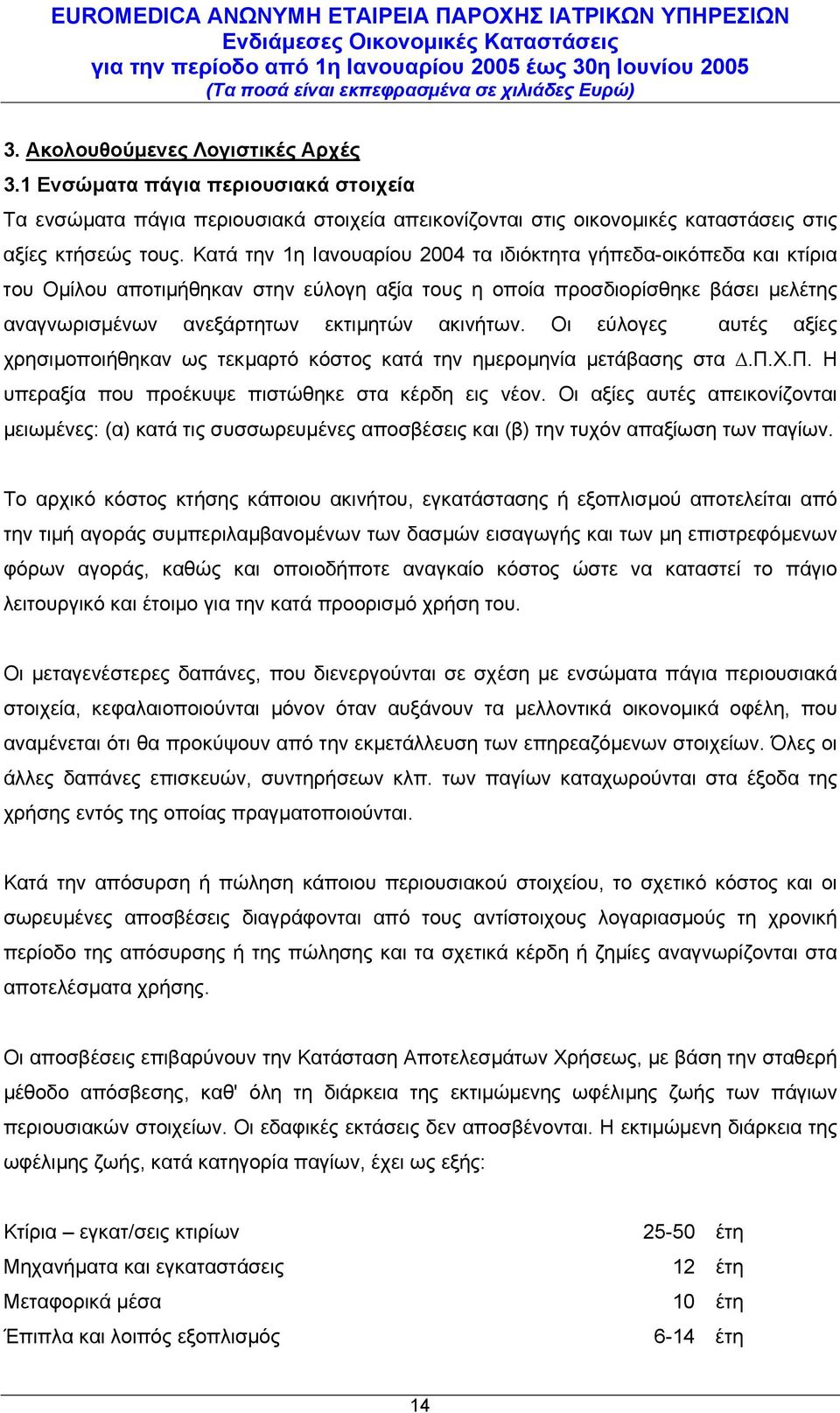 Οι εύλογες αυτές αξίες χρησιµοποιήθηκαν ως τεκµαρτό κόστος κατά την ηµεροµηνία µετάβασης στα.π.χ.π. Η υπεραξία που προέκυψε πιστώθηκε στα κέρδη εις νέον.