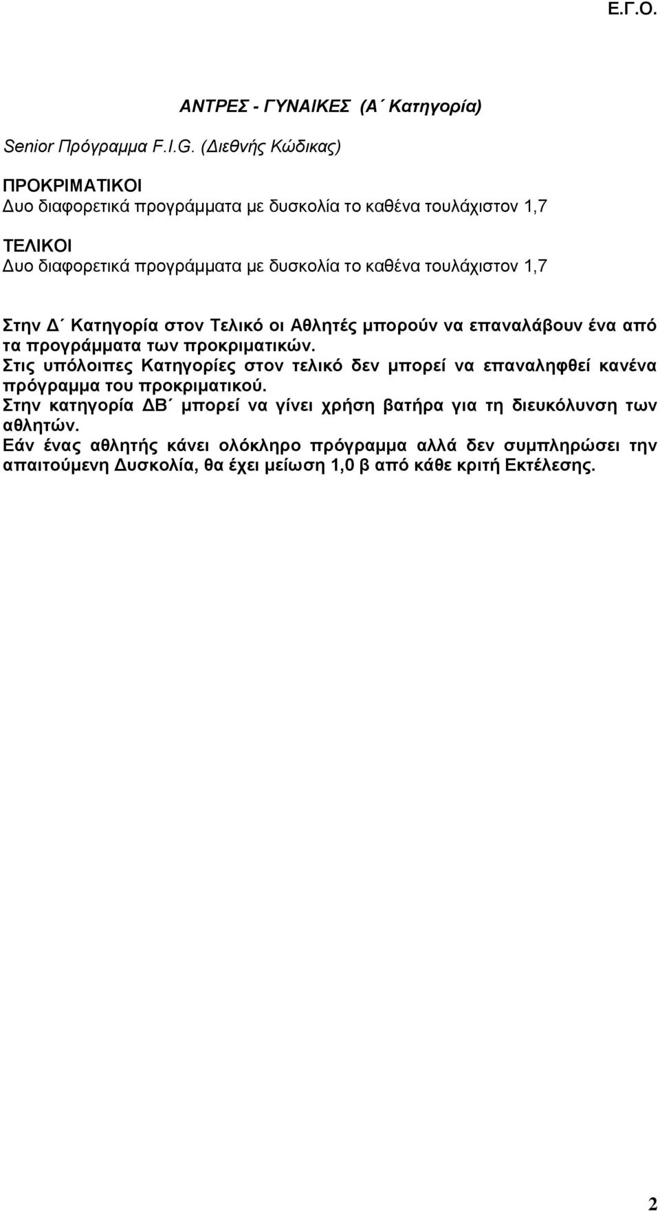 Κατηγορία στον Τελικό οι Αθλητές μπορούν να επαναλάβουν ένα από τα προγράμματα των προκριματικών.