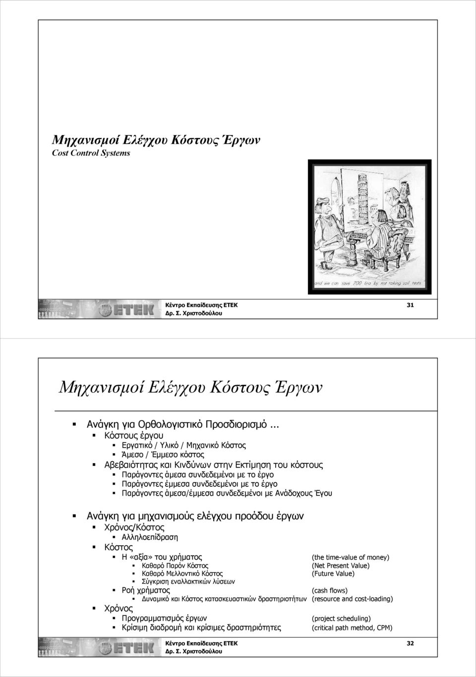 με το έργο Παράγοντες άμεσα/έμμεσα συνδεδεμένοι με Ανάδοχους Έγου Ανάγκη για μηχανισμούς ελέγχου προόδου έργων Χρόνος/Κόστος Αλληλοεπίδραση Κόστος Η «αξία» του χρήματος (the time-value of money)