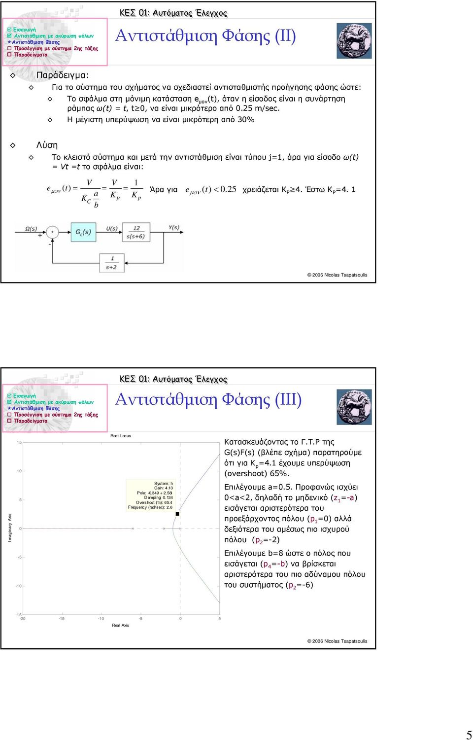 Η µέγιστη υπερύψωση να είναι µικρότερη από 3% Λύση e Το κλειστό σύστηµα και µετά την αντιστάθµιση είναι τύπου j, άρα για είσοδο ω(t) Vt t το σφάλµα είναι: µον V V ( t) a K K p K C b p Άρα για e µον (