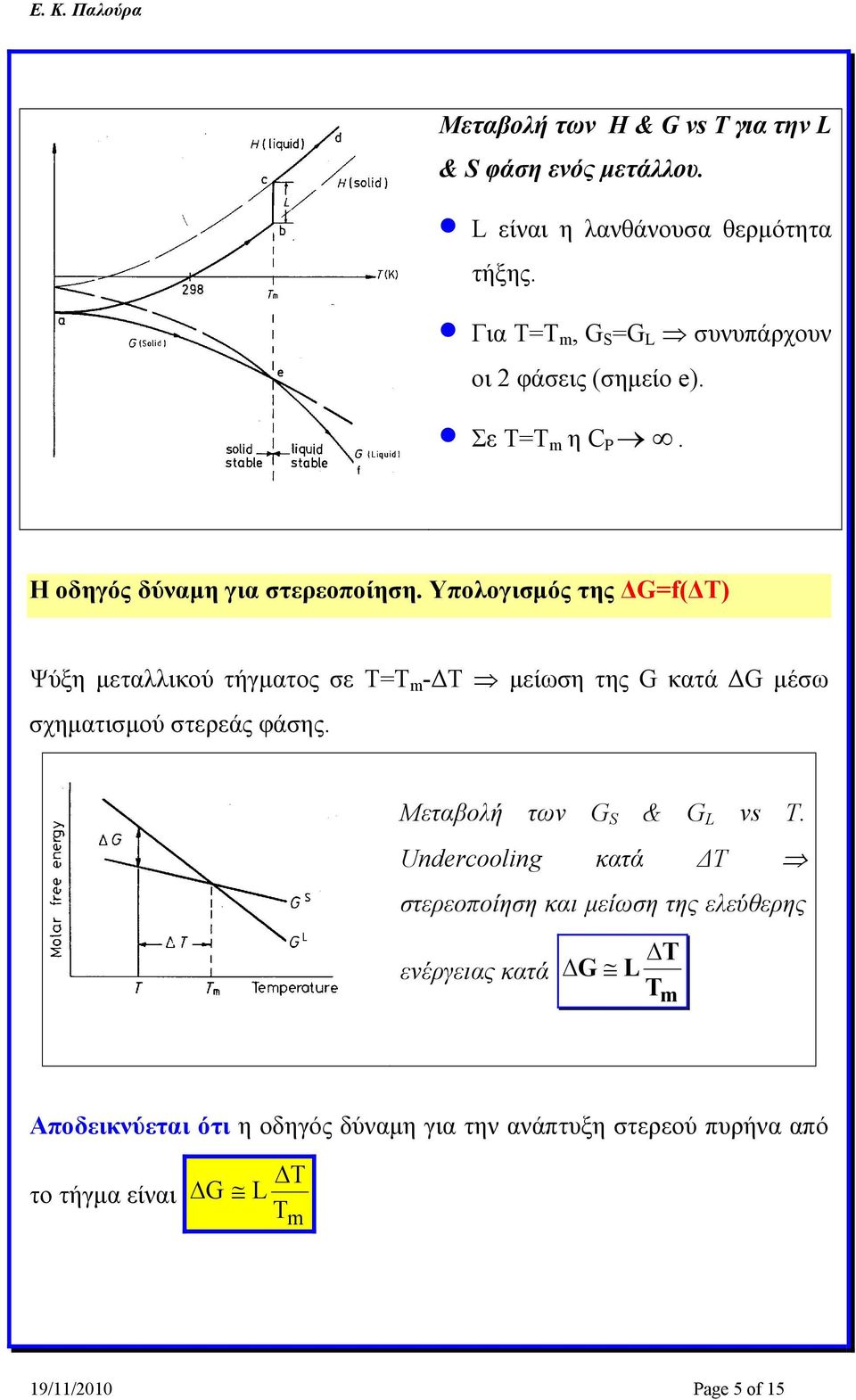 Υπολογισμός της ΔG=f(ΔΤ) Ψύξη μεταλλικού τήγματος σε Τ=Τ m -ΔΤ μείωση της G κατά ΔG μέσω σχηματισμού στερεάς φάσης.
