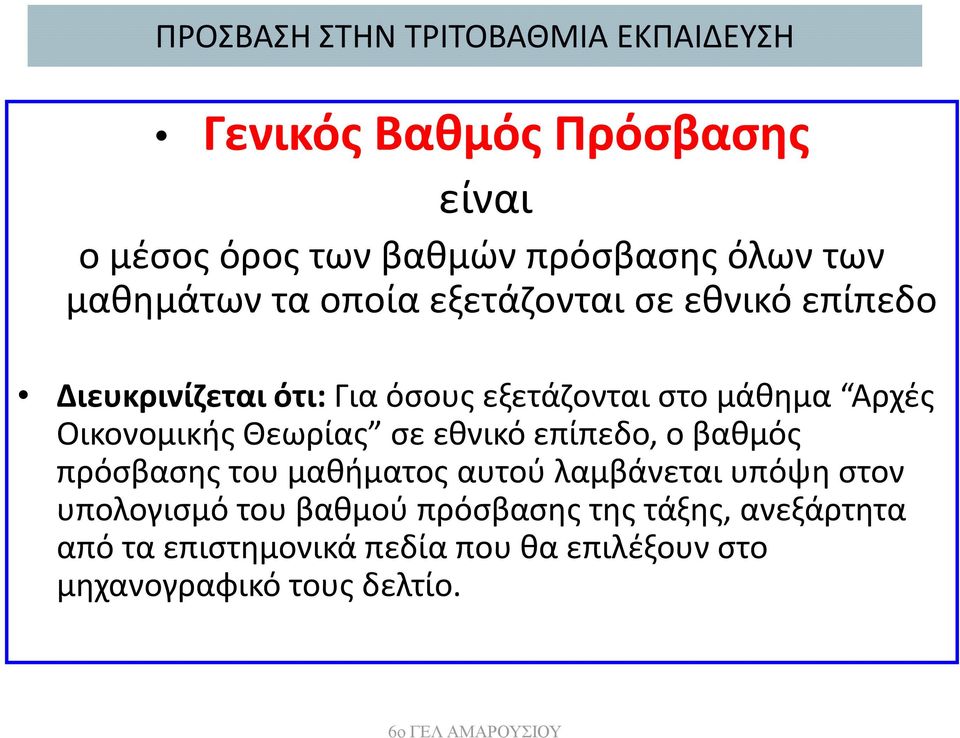 Οικονομικής Θεωρίας σε εθνικό επίπεδο, ο βαθμός πρόσβασης του μαθήματος αυτού λαμβάνεται υπόψη στον υπολογισμό