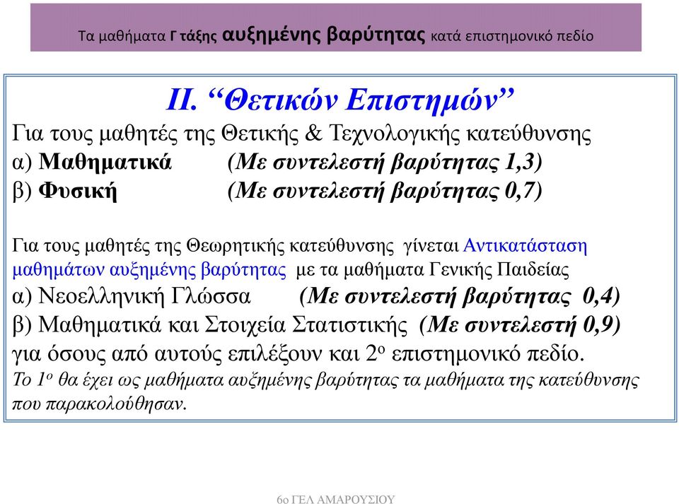 0,7) Για τους µαθητές της Θεωρητικής κατεύθυνσης γίνεται Αντικατάσταση µαθηµάτων αυξηµένης βαρύτητας µε τα µαθήµατα Γενικής Παιδείας α) Νεοελληνική