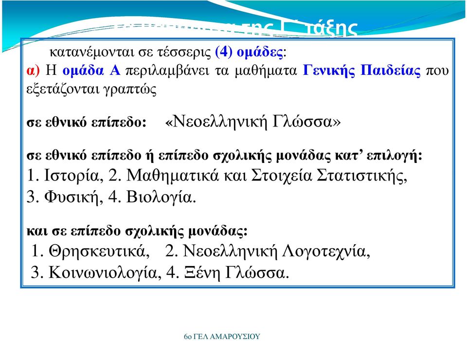 επίπεδο σχολικής µονάδας κατ επιλογή: 1.Ιστορία, 2.ΜαθηµατικάκαιΣτοιχείαΣτατιστικής, 3.Φυσική, 4.